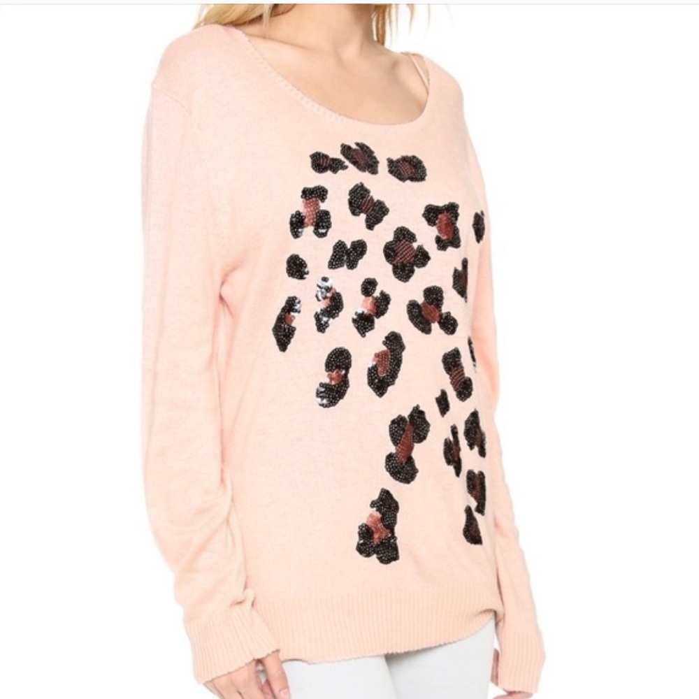 Wildfox Gold Label Sequin Leopard Print Peach Angora Blend Sweater SZ XS